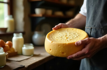 Farmer holding a circle of fresh cheese in the kitchen of a farmhouse