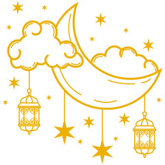 Lantern With Crescent Moon and Cloud. Composition with crescent moon lantern, cloud and stars for islamic holy month decoration. Decorative 3d elements for Muslim holidays