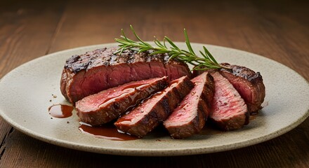 Sliced grilled steak on a plate with rosemary