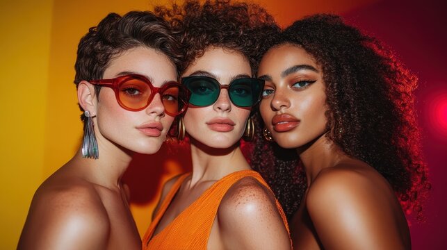 Three models showcase vibrant sunglasses against a bright background, highlighting contemporary fashion trends, diverse beauty, and the essence of summer style in a stunning way. - Powered by Adobe