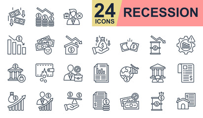 Recession Icons set vector illustration. Containing inflation, fired, economic crisis, crisis management, unemployment and more. Simple line icons collection.