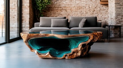 This striking image highlights a unique wood table with mesmerizing turquoise resin inlay, creating a perfect blend of nature and modern design ideal for contemporary interiors.
