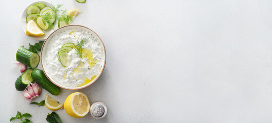 Tzatziki salad with roasted bread in white bowl on white background. Homemade Tzatziki salad with...