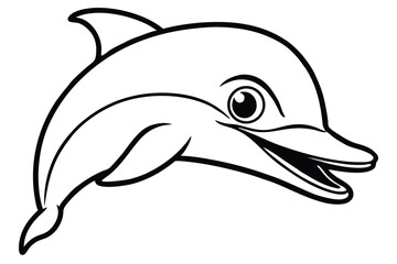 Outlined cute cartoon dolphin smiles with playful innocence and curious black eyes