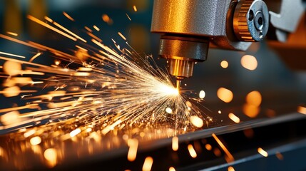 Vivid sparks flying from a metal cutting machine, showcasing the dynamic and energetic process of industrial work while reflecting the power and precision involved in craftsmanship.