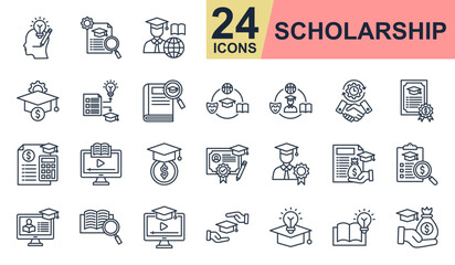 Scholarship Icons set vector illustration. Containing creative thinking, experience, innovative, dedication, endowment and more. Simple line icons collection.
