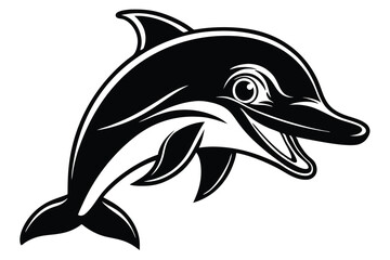 Isolated black and white dolphin leaps joyfully with a playful, friendly demeanor