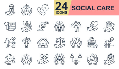 Social Care Icons set vector illustration. Containing disaster relief, housing assistance, helpline, public health, wellness program and more. Simple line icons collection.
