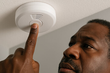 Man testing ceiling mounted smoke detector at home for fire safety and emergency preparedness