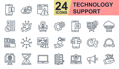 Technology Support Icons set vector illustration. Containing information, update, optimization, cloud computing, network and more. Simple line icons collection.