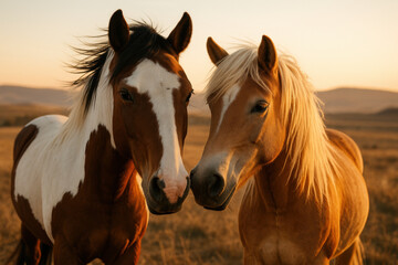 Two beautiful horses standing closely together in a golden field during sunset with mountains in the background