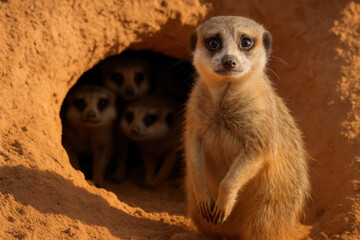 Fototapeta premium Curious meerkat standing at burrow entrance in sunlit desert as family peers from inside sandy tunnel