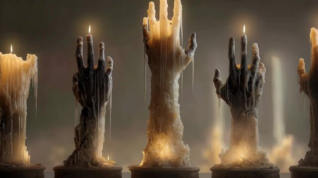 Unique candle display featuring sculpted hands with flickering lights creating an atmospheric setting