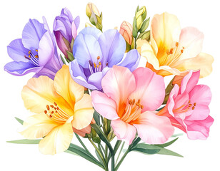 Fototapeta premium A delicate watercolor painting of freesia flowers in pastel pink, purple, and yellow hues, soft brush strokes and artistic floral composition, isolated on a transparent background