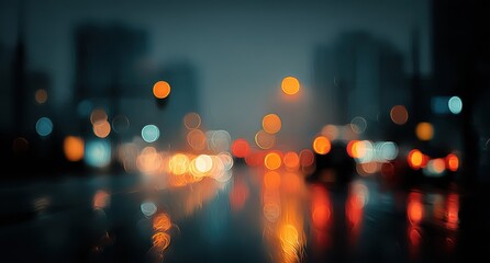 Blurry city lights at night, rain