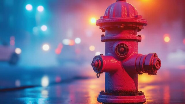 A fire hydrant standing on a wet street, with red and blue colors