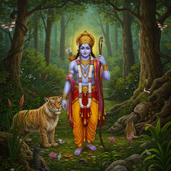 Obraz premium Lord Rama in Forest with Tiger