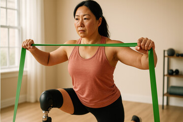 Determined woman with prosthetic leg exercising indoors using green resistance band for strength and balance training