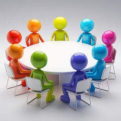 AI Generative. Colorful Stick Figures Around a White Round Table on White Background. 9