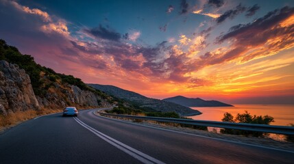 Naklejka premium Car driving along a scenic coastal highway during a colorful summer sunset