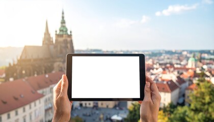 Naklejka premium Person holding a tablet with blank white screen, ideal for digital content and app displays