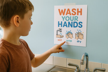 Young boy learning proper hand washing steps at sink, pointing to hygiene poster for wet, soap, and dry instructions
