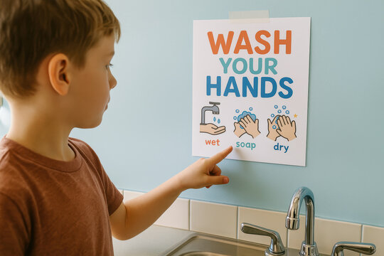 Young boy learning proper hand washing steps at sink, pointing to hygiene poster for wet, soap, and dry instructions