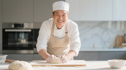 A smiling middle-aged Asian baker kneading dough.	

