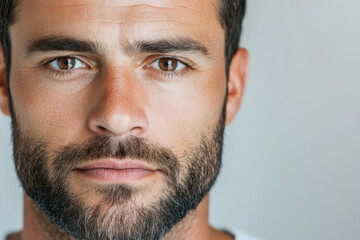Obraz premium Close up portrait of confident young man with beard and intense gaze in natural light on neutral background