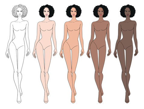 Colored skin tones fashion croquis figurines walking with afro curly hair woman in vector.