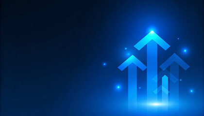 Three glowing blue arrows pointing upwards on a dark blue background with light particles