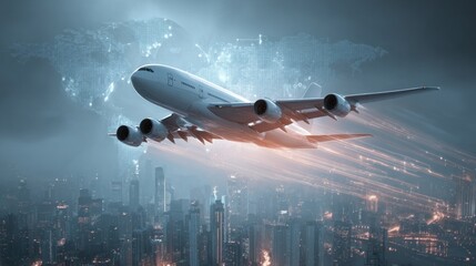 Concept image of a futuristic commercial airplane taking off with city skyline and digital world map in background