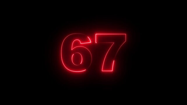 neon glowing red text 67 number  sign icon animation on a black background. Neon number 67 text with alpha channel, neon numbers, Bright neon glowing number 67 light red color symbol, neon text.
