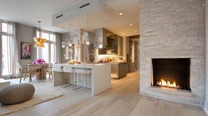 Cozy kitchen space with decorative fireplace and stylish modern furniture