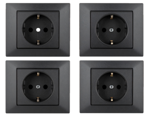 Set of black square european power outlets isolated on transparent background