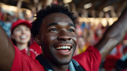A male soccer fan, cheering for his team with a wide smile, dressed in a red jersey, surrounded by other spectators in a stadium setting.