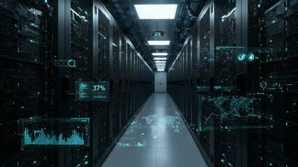 Server racks in a data center with overlaid data visualizations - Powered by Adobe