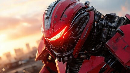 Fototapeta premium An imposing robotic armor featuring sleek lines and glowing red accents, symbolizing advanced technology and the fusion of man and machine in a futuristic light.