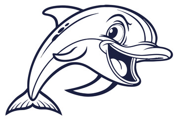 A happy blue cartoon dolphin with a wide smile swims forward cheerfully