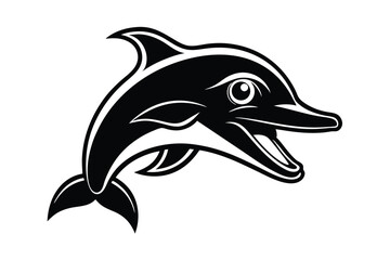 Stylized black dolphin with open mouth swims happily on a white background