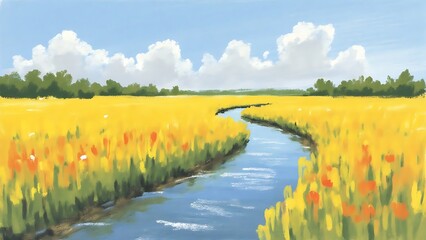 Fototapeta premium Golden wheat field with river, children's book style, vibrant colors, nature