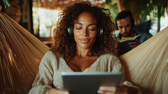 A relaxed woman enjoys her time in a cozy hammock, using a tablet while listening to music, embodying tranquility and comfort in a lush, inviting environment.