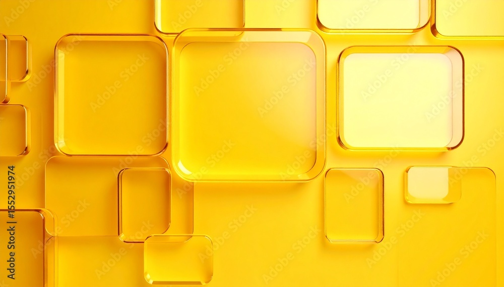 Poster overlapping transparent rounded yellow squares on yellow background.