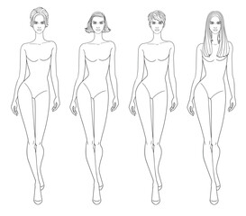 Fashion outline sketch croquis figurines female body walking with different hairs in vector.