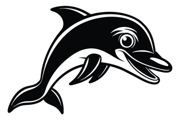 Smiling black and white dolphin leaps with open mouth, against a simple background