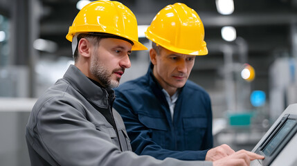 Factory workers collaborating on an engineering project.