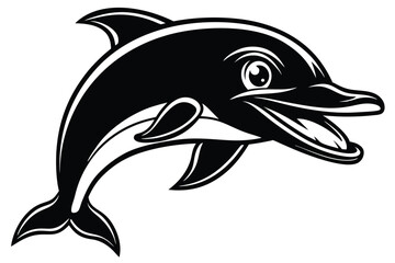 Cheerful black and white cartoon dolphin with an open mouth swims joyfully