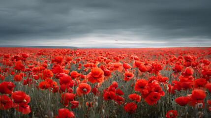 A wide gently swaying field of bright red poppies beneath a somber overcast sky evoking emotion through vibrant color and moody natural atmosphere