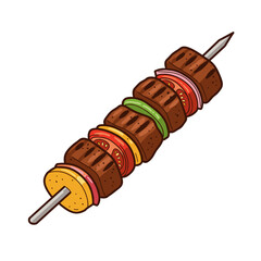 Kebab skewer with grilled meat and vegetables in bold brown and bright color fills, vector illustration