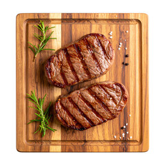 Top view of Grilled steak placed on a wooden cutting board isolated on transparent background, object, cut out